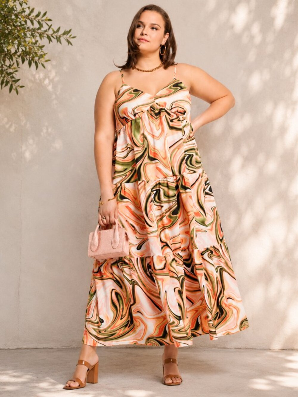 Eloquii Trapeze Maxi Dress Swirl Print‎ Orange Pink, Women Plus Sz. 16